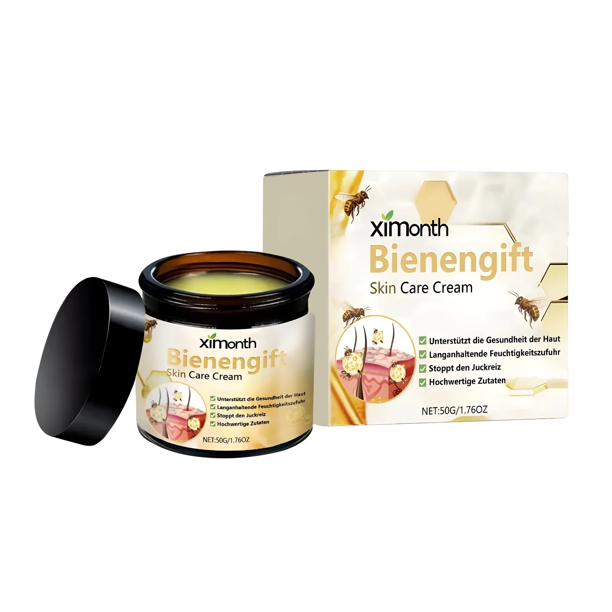 50g skin care cream jar with natural ingredients including mint and bee venom