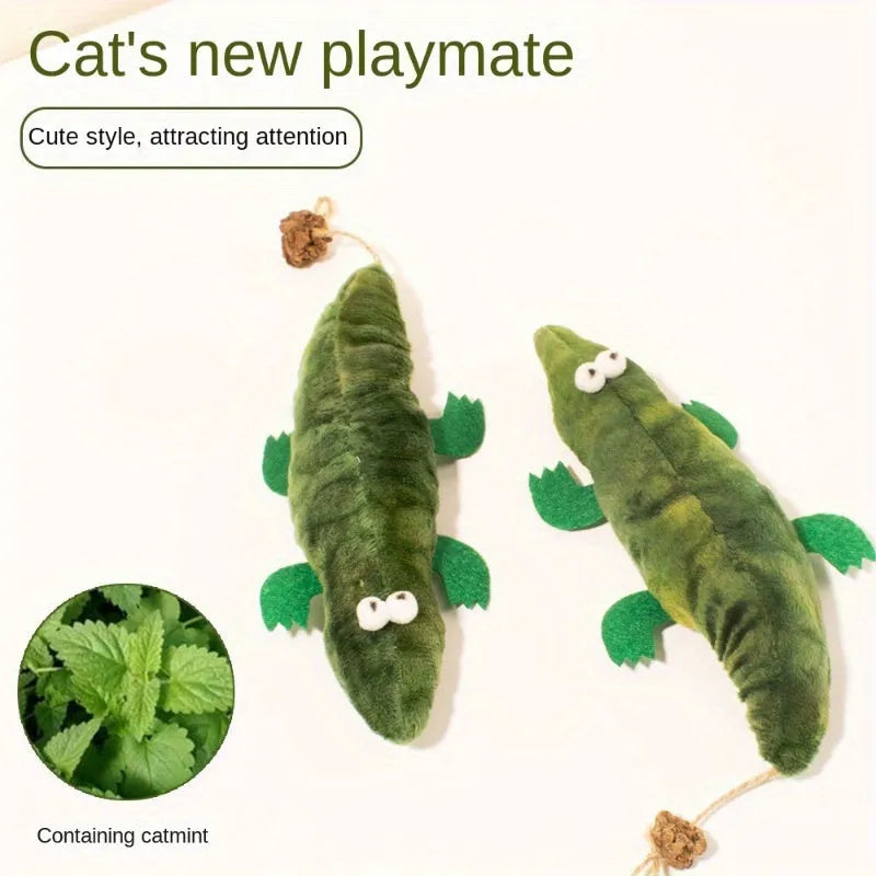 Green plush alligator catnip toy measuring 25cm long with detailed stitching and plant-based materials