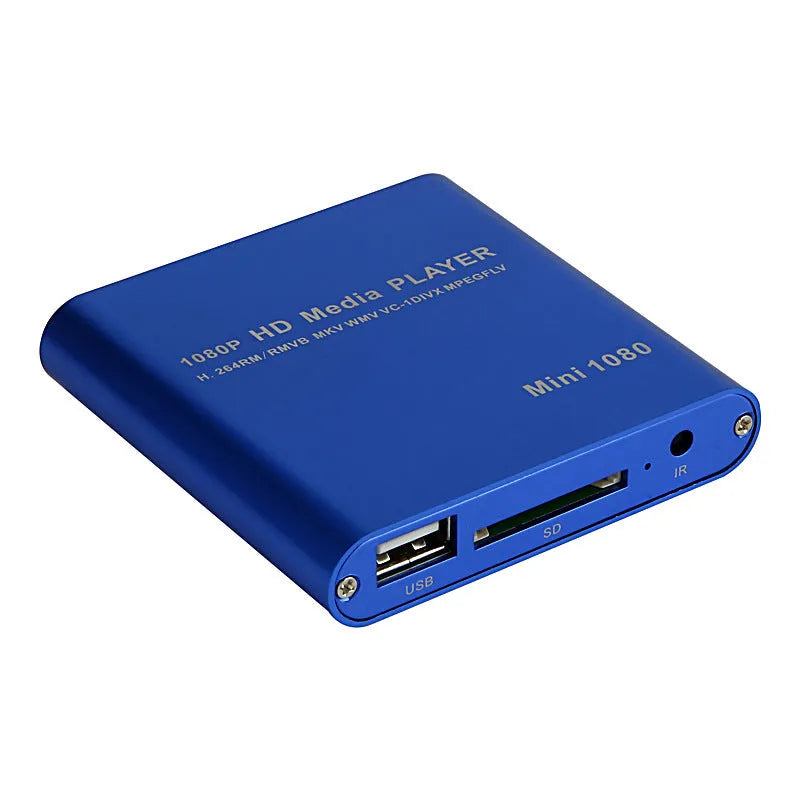 Compact black and blue Full HD 1080p media player with remote control on a wooden surface.