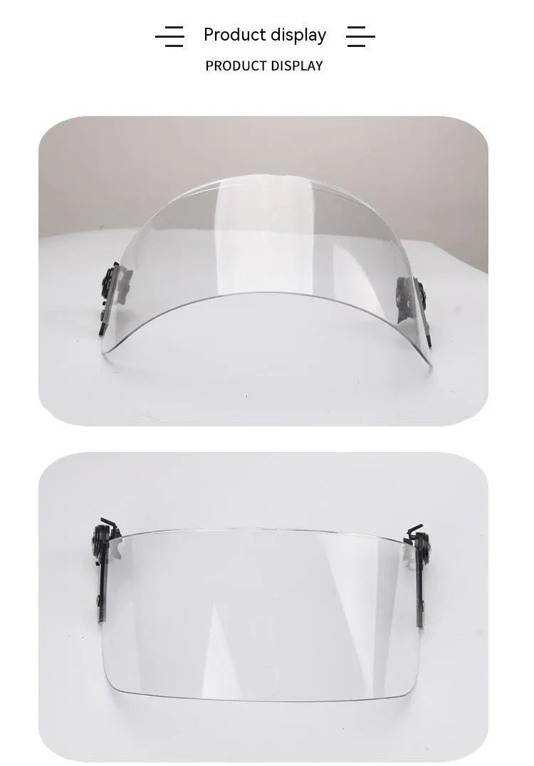 Transparent polycarbonate safety helmet visor with guide rail mounting, 30cm by 15cm