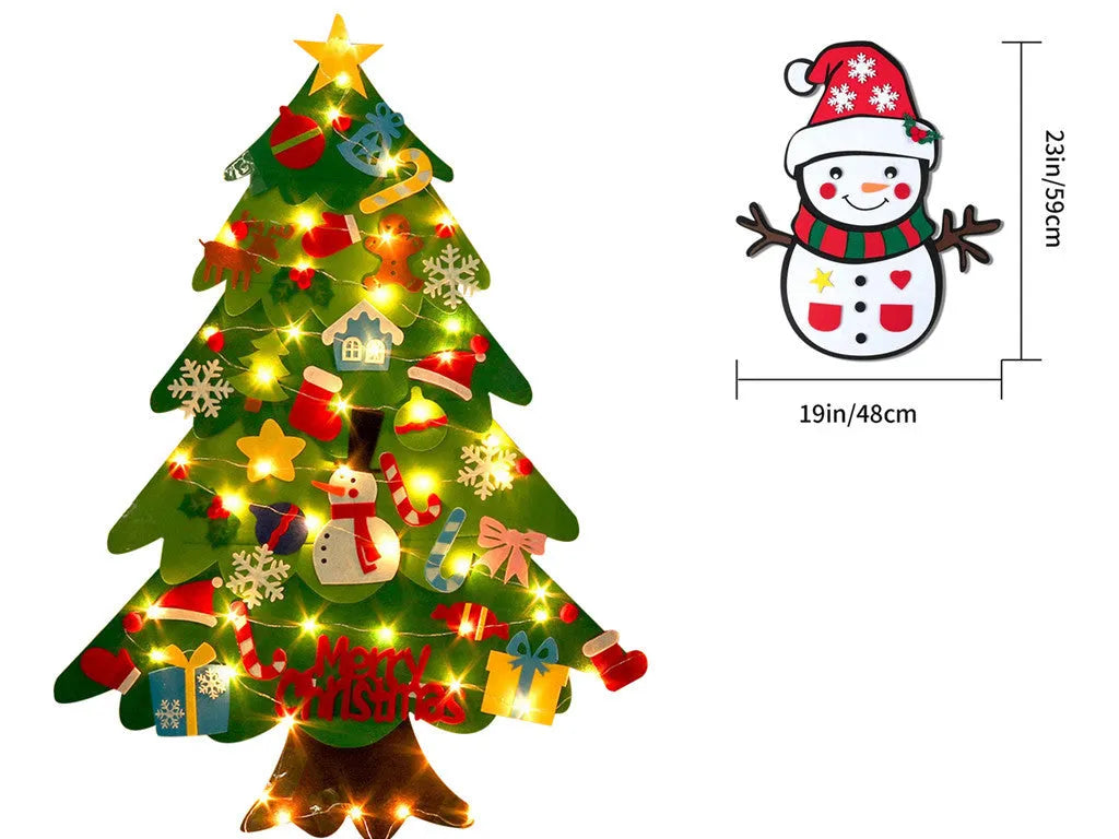 Green DIY felt Christmas tree with fairy-tale lights mounted on wall with decorative ornaments