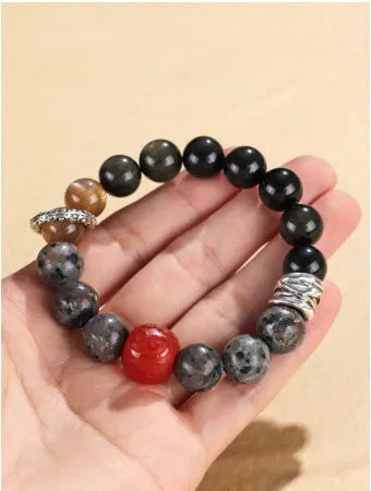 Original design gold obsidian and red agate unisex bracelet for men and women.