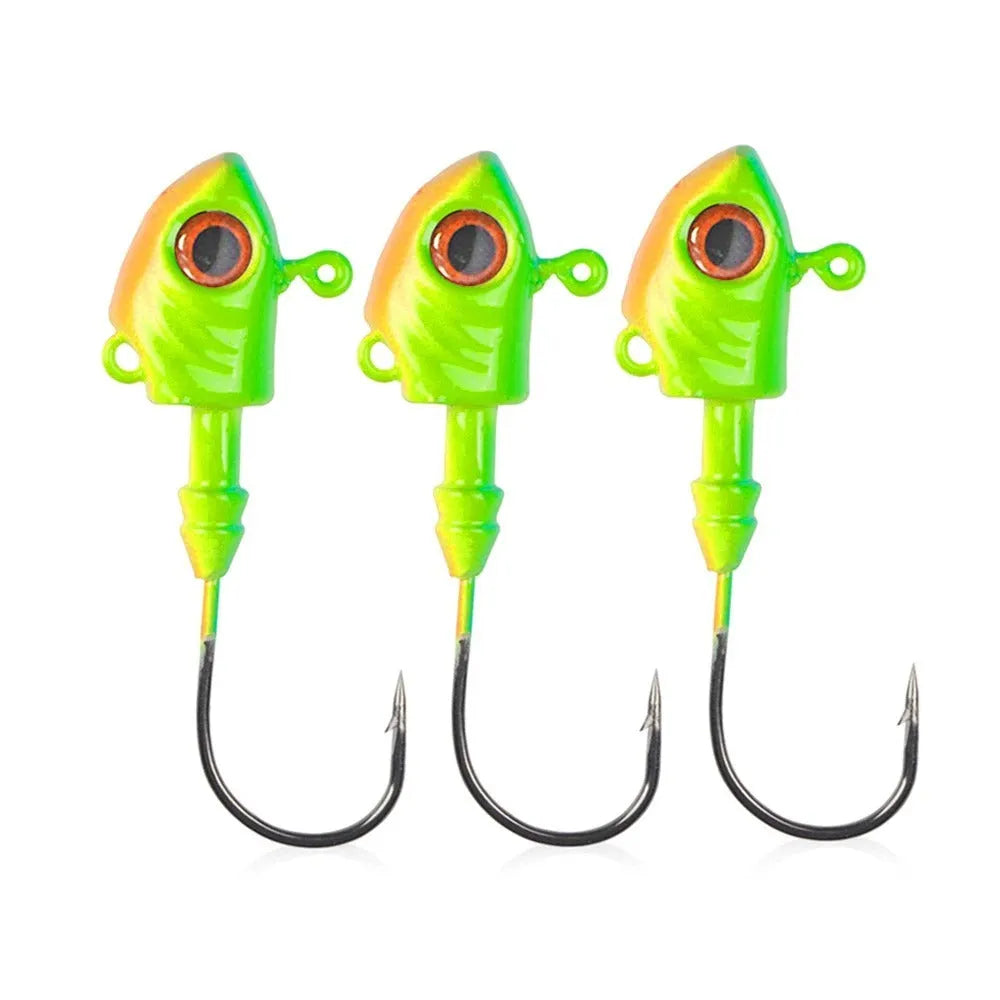 Yayu shaped lead fishing jig head hooks in blue, silver, and yellow colours showing different weights.