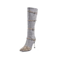 Women's knee-high boots with 9cm thin high heels in black or grey, showing PU surface and velvet lining