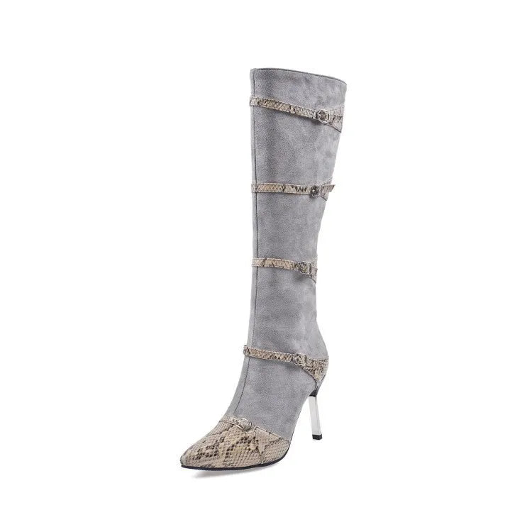 Women's knee-high boots with 9cm thin high heels in black or grey, showing PU surface and velvet lining