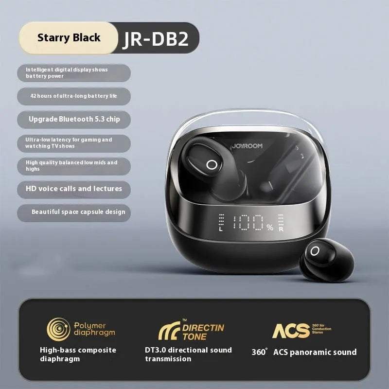 Wireless in-ear Bluetooth headset in charging case with USB cable, showing Dawn White and Starry Sky Black colour options