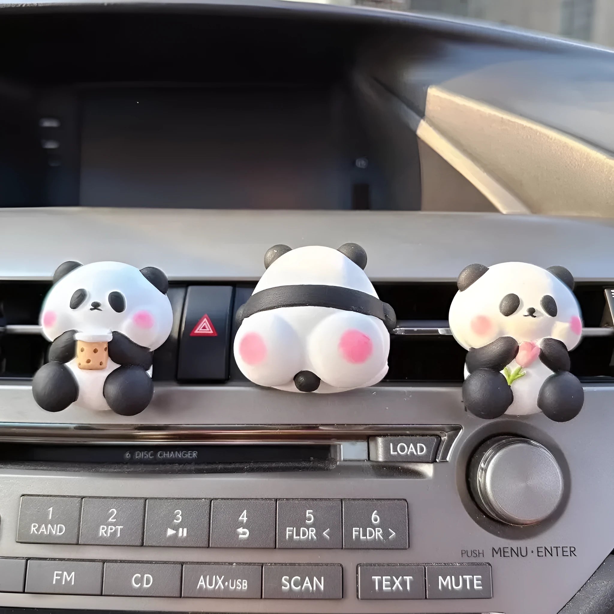 Panda car vent air freshener clip ornament in milk tea, flower, and back panda designs