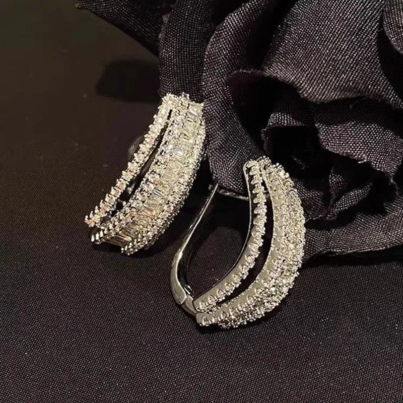 White gold colour geometric stud earrings with zircon inlaid design for women