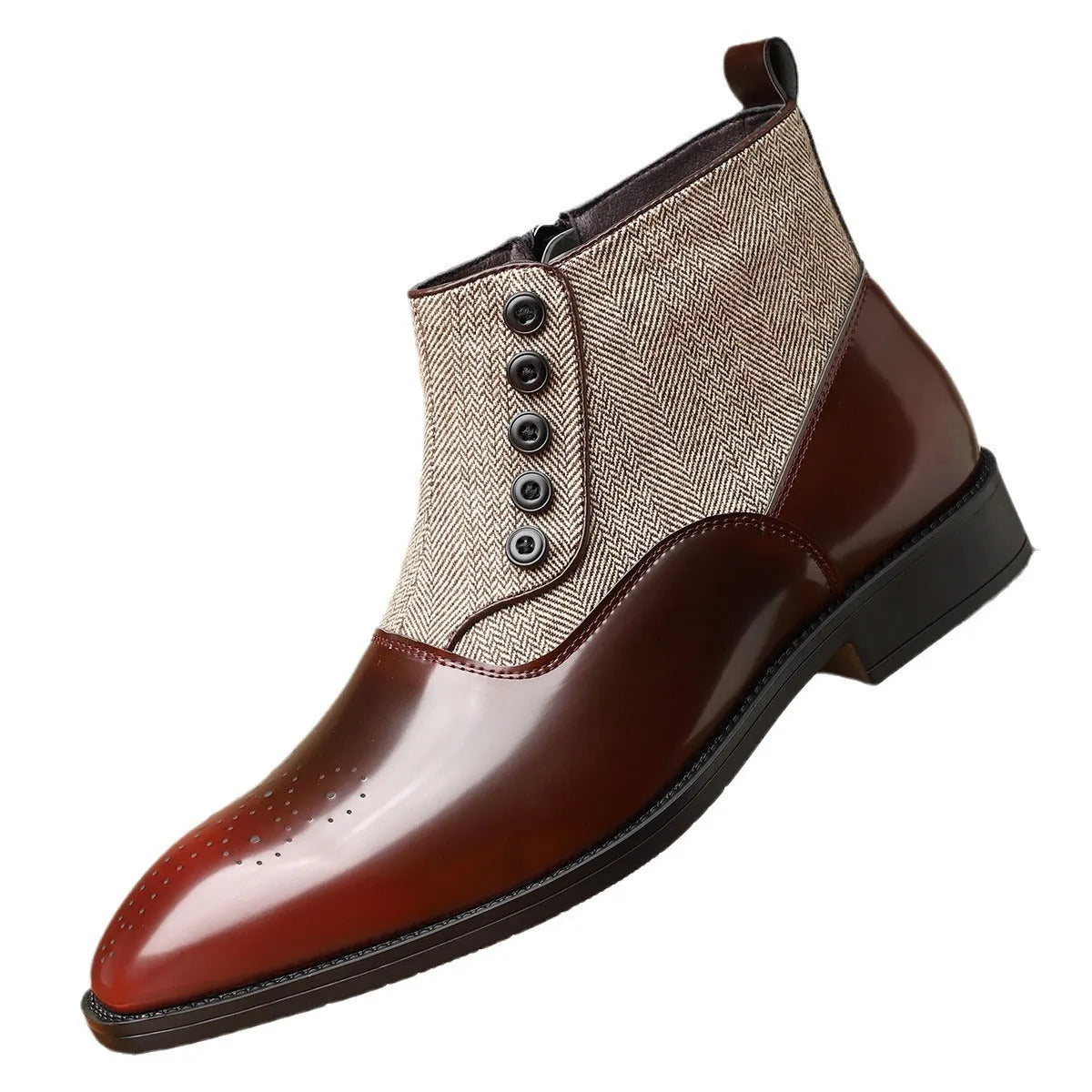 Men's brown retro formal shoes with side zipper and square heel on a neutral background