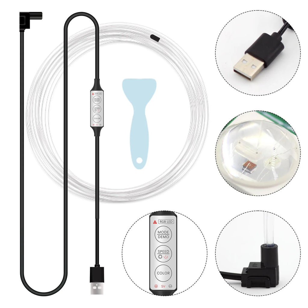 Car interior LED light strip kit with USB wireless RGB illumination and manual control interface
