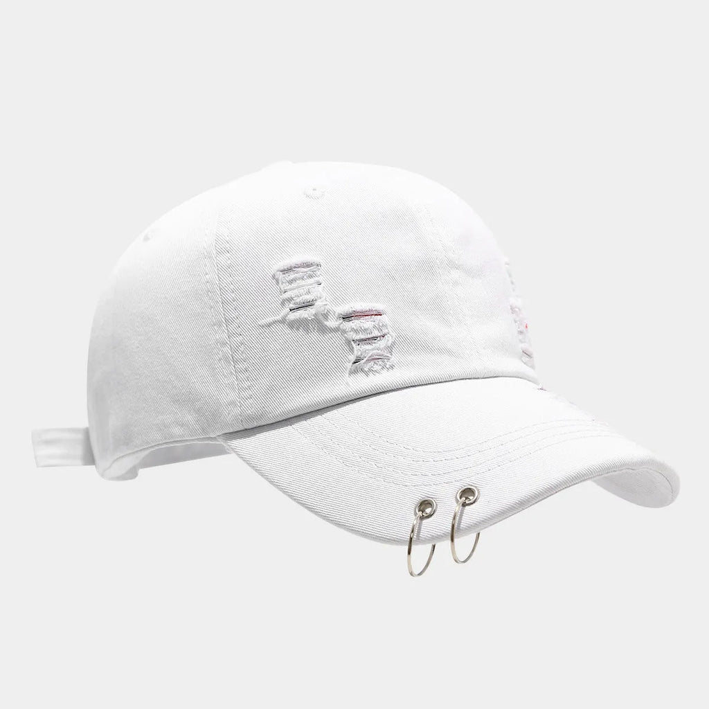 Men's adjustable cotton denim peaked cap in black showing dome crown and peaked brim design