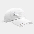 Men's adjustable cotton denim peaked cap in black showing dome crown and peaked brim design