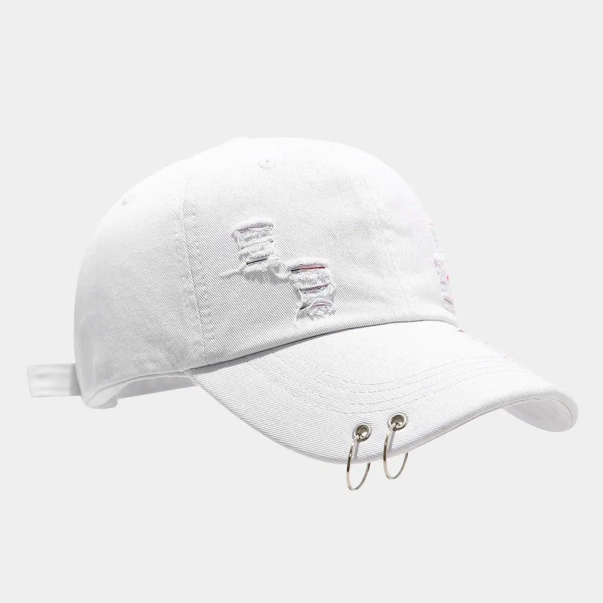 Men's adjustable cotton denim peaked cap in black showing dome crown and peaked brim design