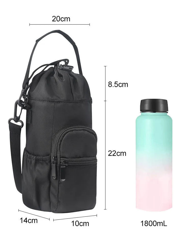 Cloth water bottle pouch with crossbody strap in black green pink colours