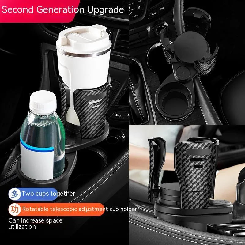 Second generation car cup holder modification with carbon fibre finish showing 8cm diameter ABS plastic construction