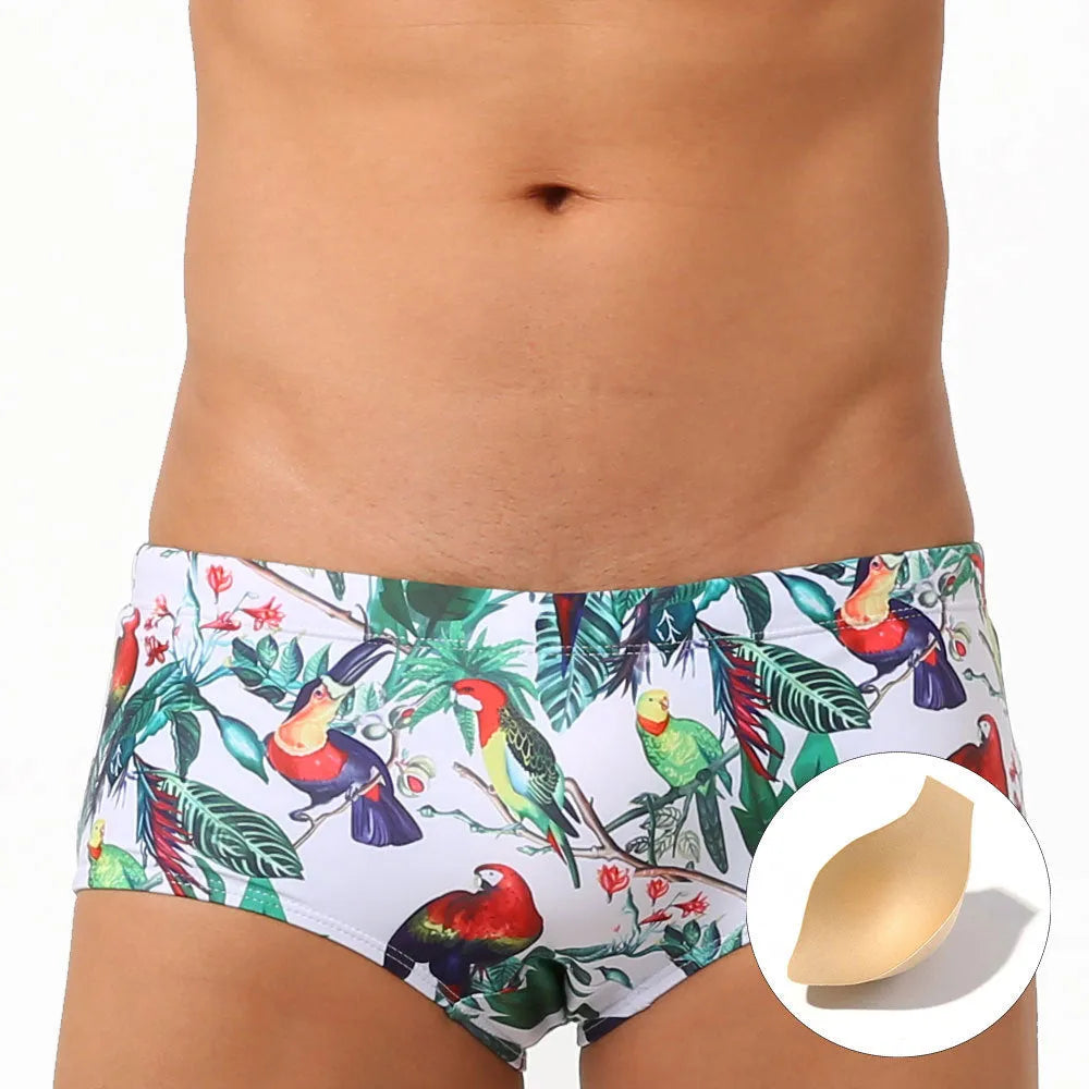Men's swimming trunks with flower-bird print pattern in nylon small boxer style