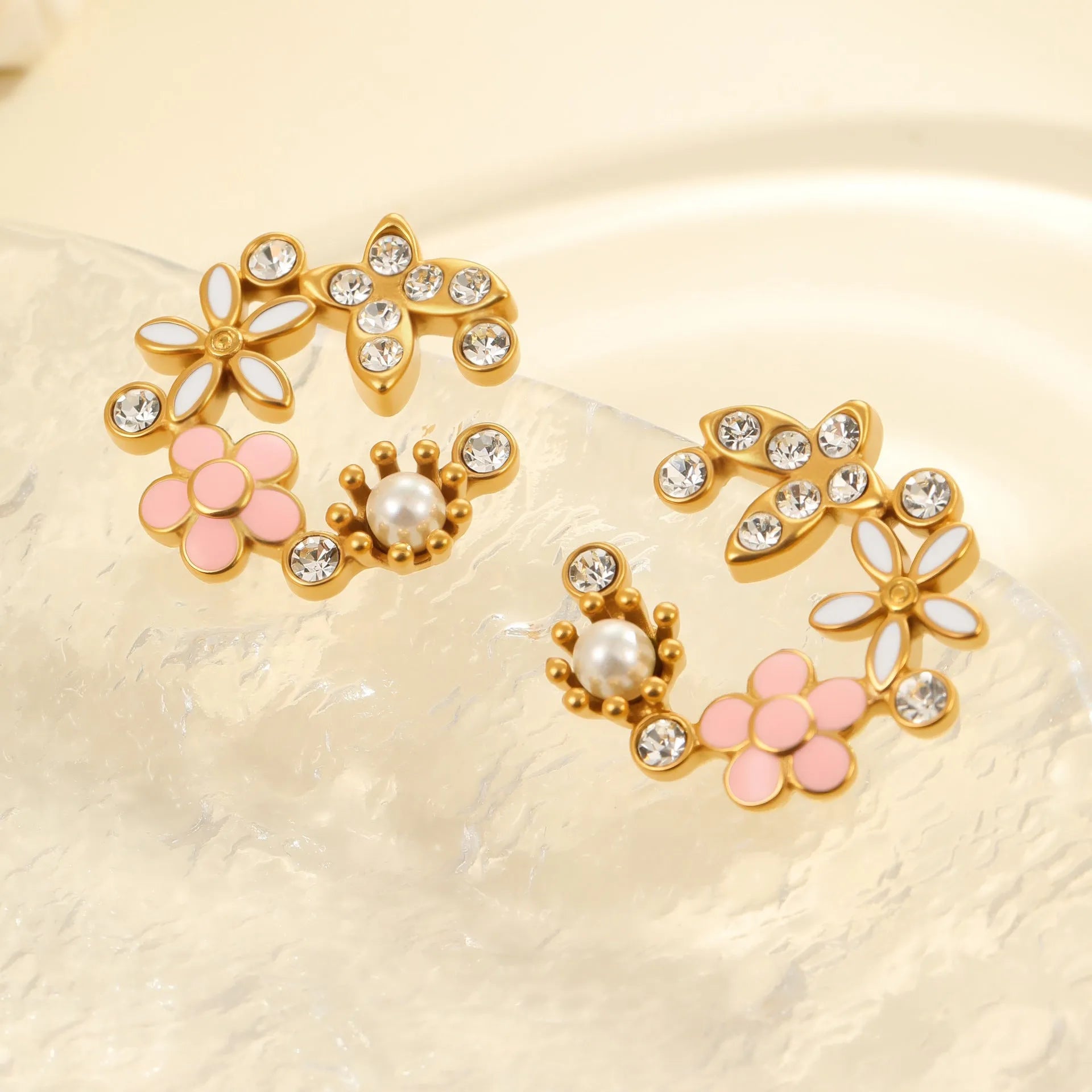 Colourful oil diamond flower petal stud earrings in 18K stainless steel with electroplated finish