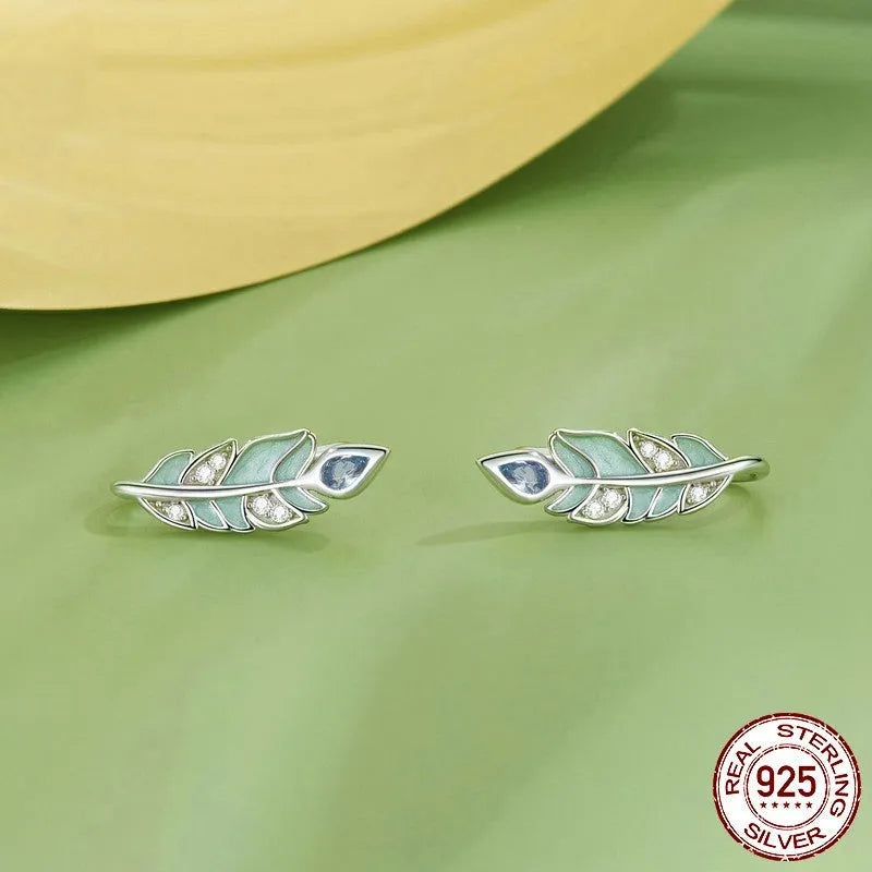 Feather stud earrings in S925 sterling silver with white gold plating, colour BSE933, women's all-match jewellery