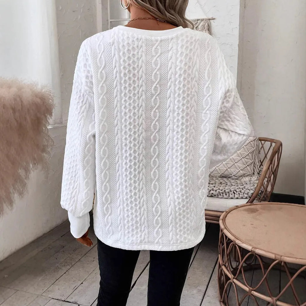 Milky White loose long sleeve T-shirt with 3D pattern, showing front view of polyester fabric and regular sleeves