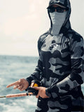 Huk Pursuit long sleeve fishing shirt with mesh sides, showing 50 UPF sun protection and stain-resistant features for outdoor use