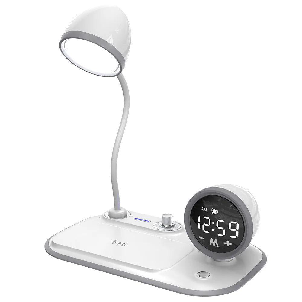 White three-in-one desk lamp with digital clock display and wireless charging pad for smartphones