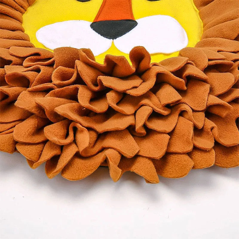 Brown Lion Sniffing Pad for pets with deep pockets to hide food, measuring 33x25cm