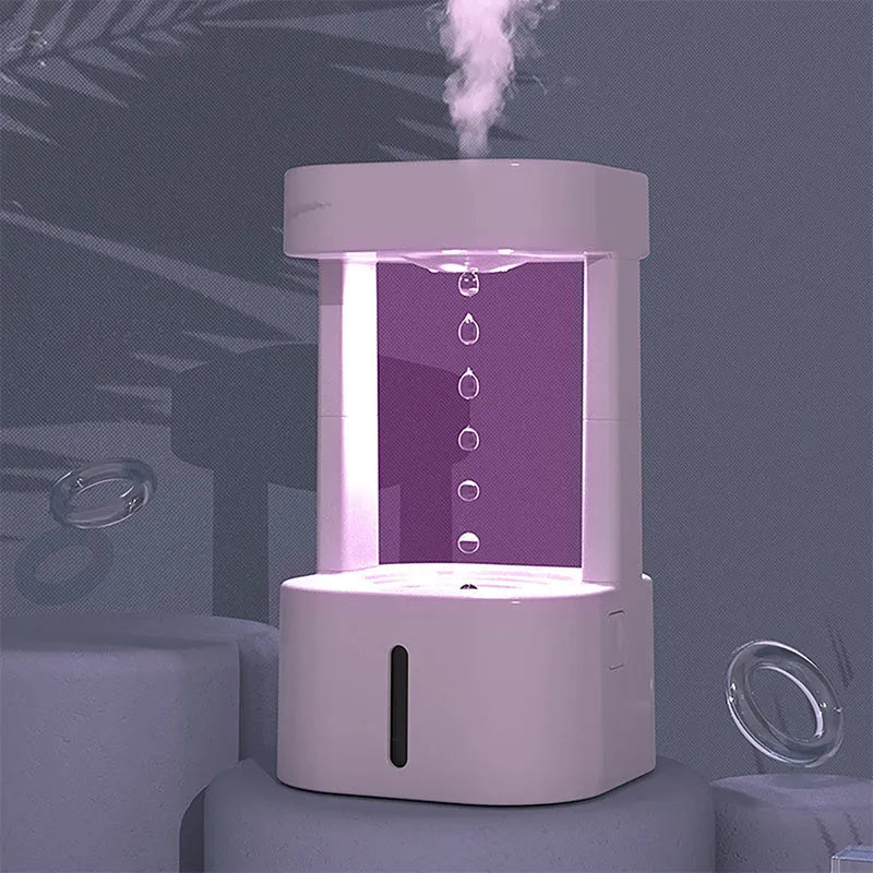White anti-gravity water drop humidifier with floating droplets illusion and USB cable