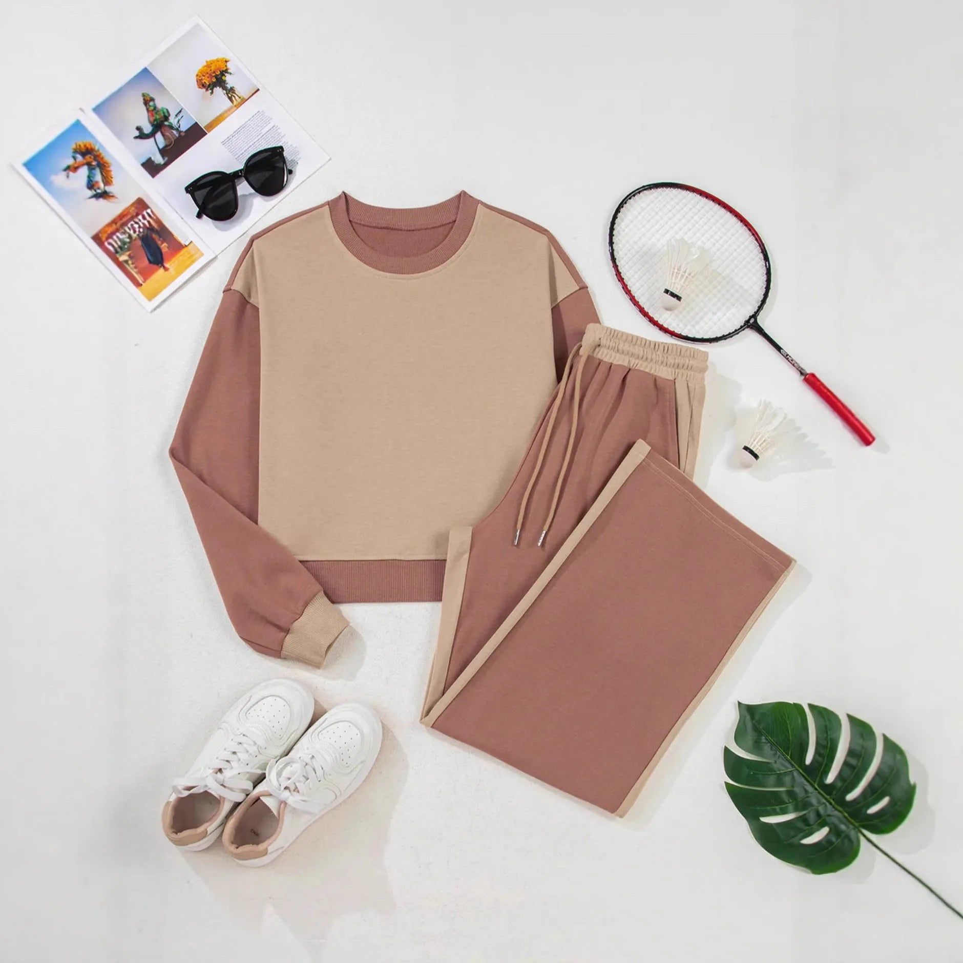 Women's camel-coloured cotton sports and leisure matching suit with top and trousers