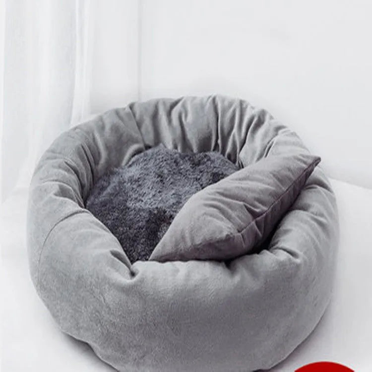 Circular dog bed with PP cotton filling and pillow in light grey colour