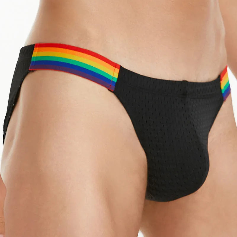 Men's low waist nylon mesh briefs with a rainbow elastic waistband, shown in a solid colour.