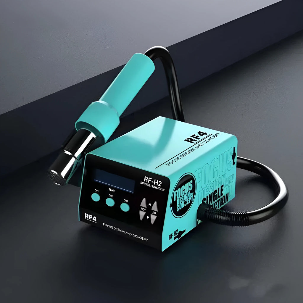 RF4H2 hot air rework station with digital display and three nozzle attachments for BGA chip removal