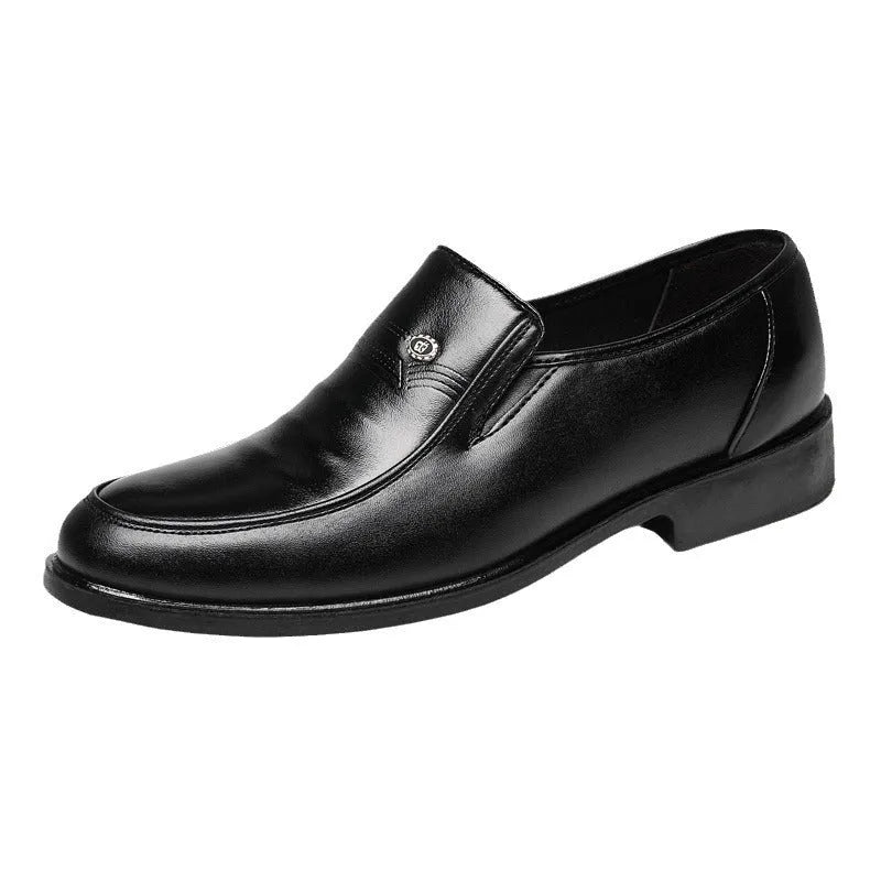 Men's black plus size casual shoe with a leather toe holder and rubber sole, shown from the side.