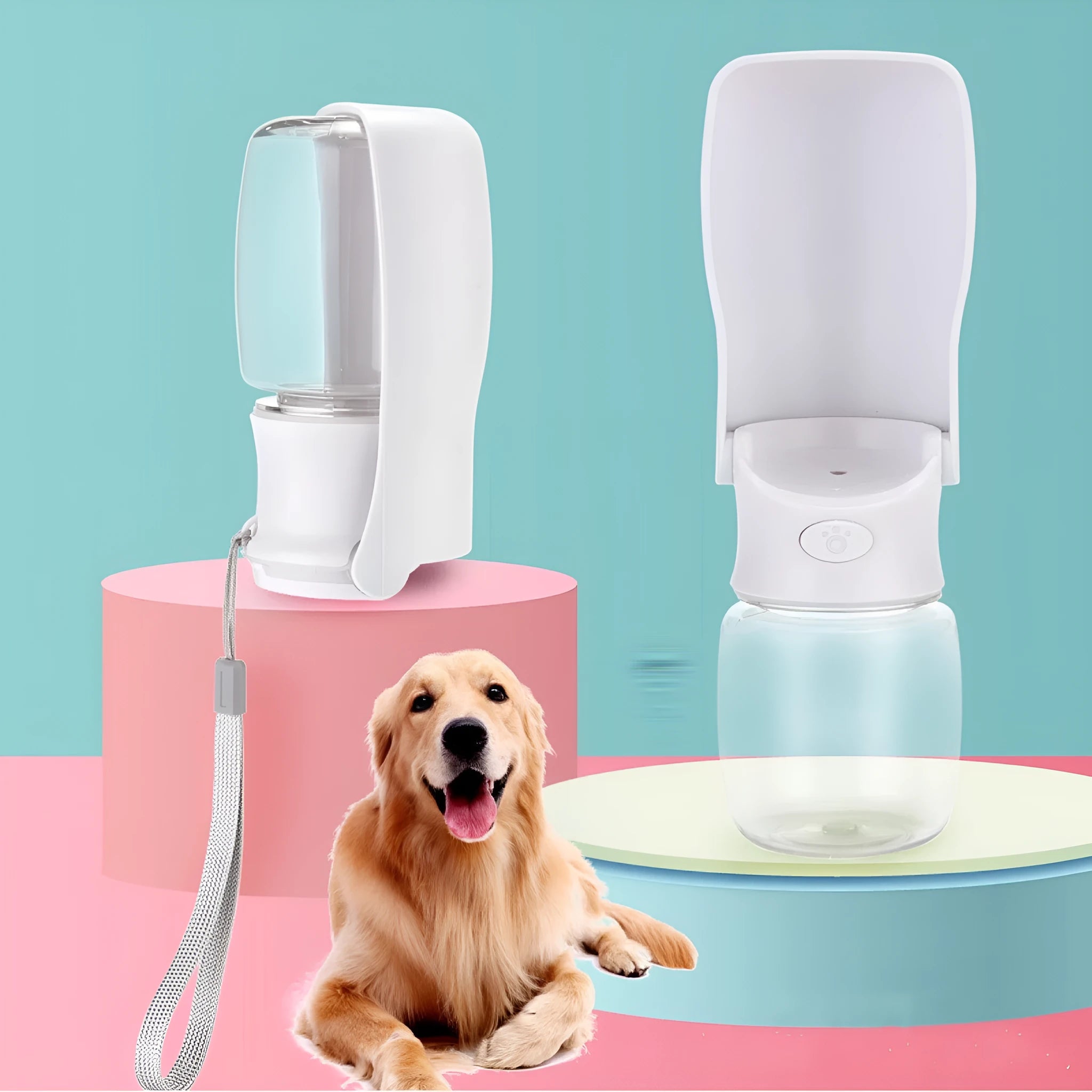 Collapsible dog water bottle in blue, pink or white with foldable design and 350ml or 550ml capacity options