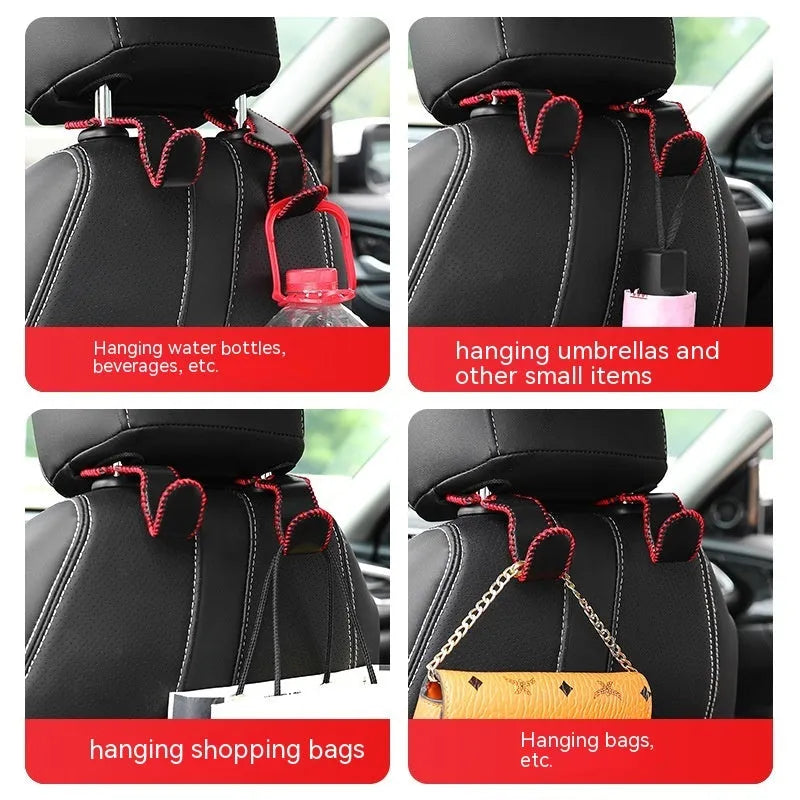 Gold-coloured stainless steel car seat back hook for organising bags on vehicle headrests.