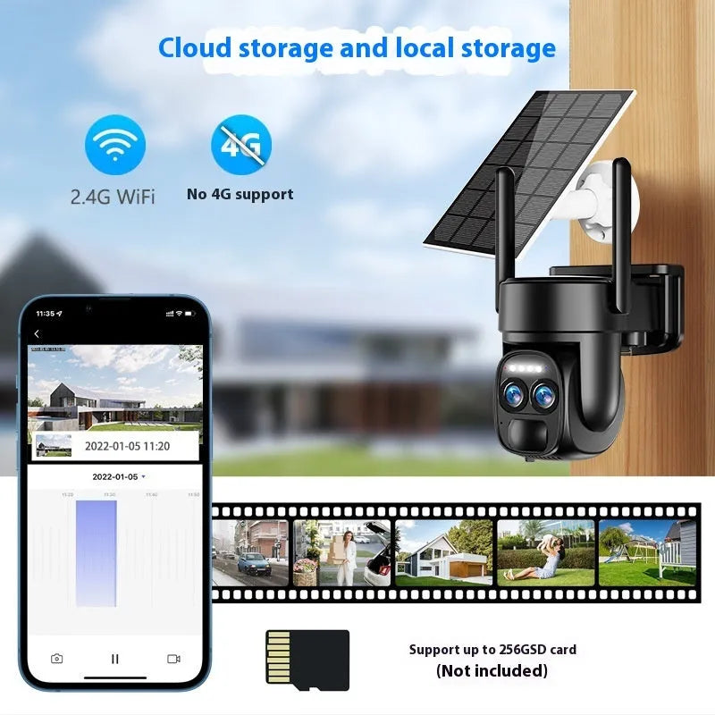 Solar-powered outdoor security camera with 8x zoom lens and solar panel on top, suitable for household monitoring