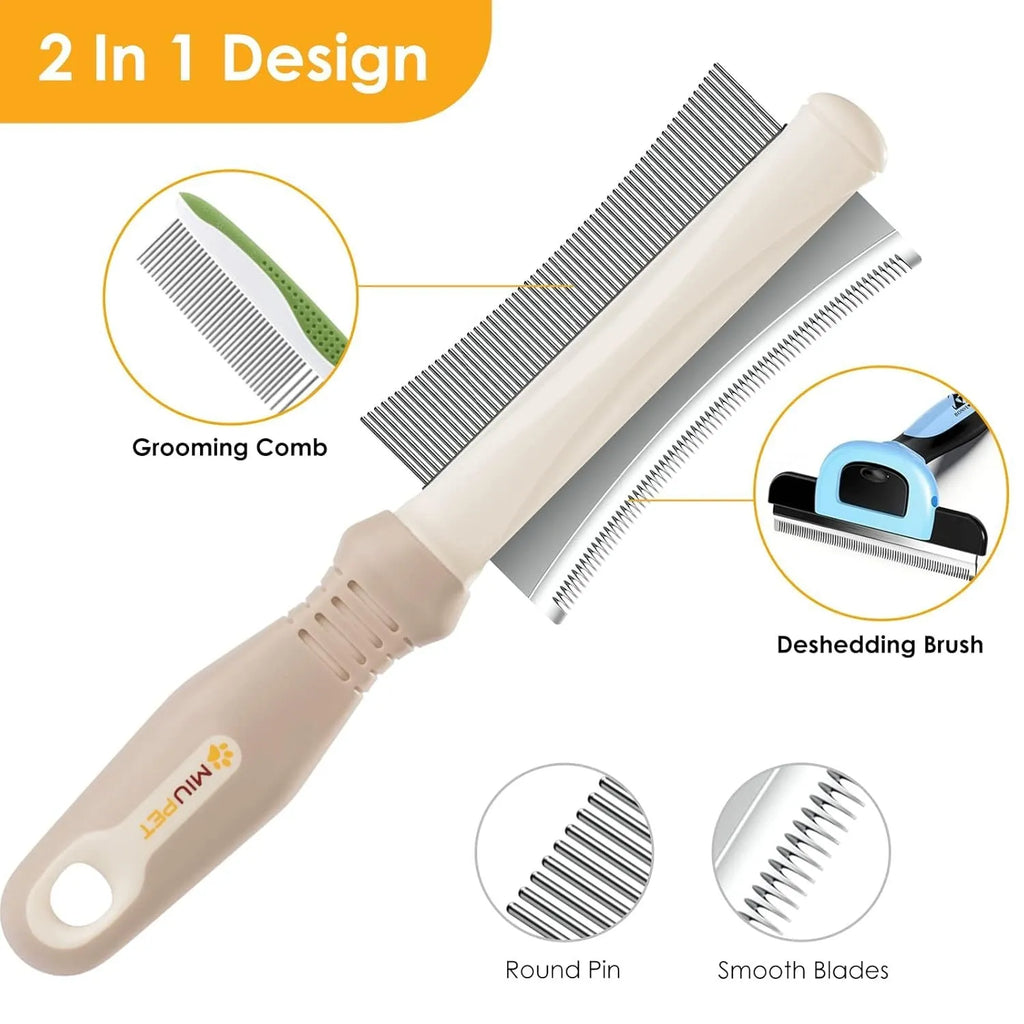 White 2 in 1 dog cat deshedding brush with curved comb design and anti-slip handle for pet grooming
