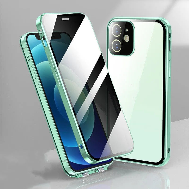Glass phone case with double-sided buckle for iPhone 11 to 15 series, available in four colours