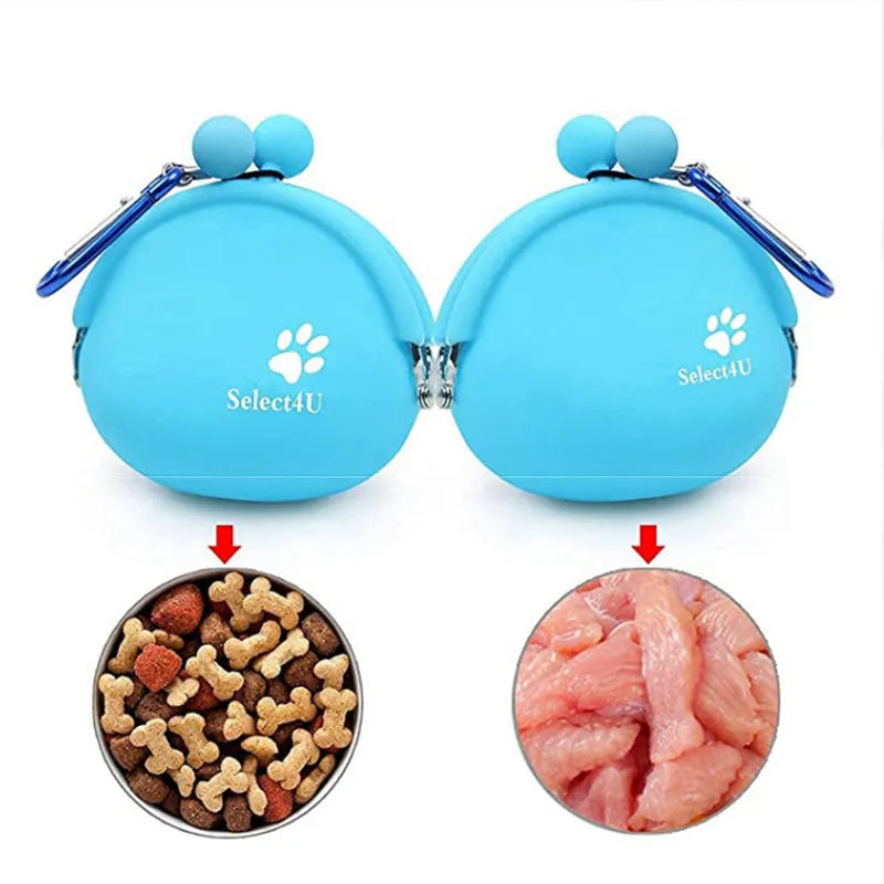 Yellow silicone dog treat bag with hook-and-loop waist attachment, measuring 9 by 9.5 cm