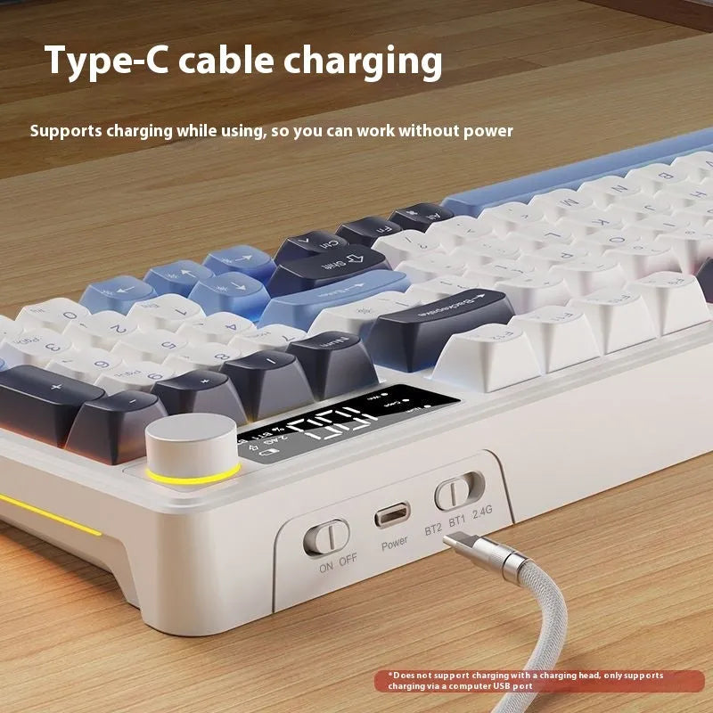 Wireless keyboard and mouse suit with mechanical feeling keys showing Blue White colour option and Type-C cable