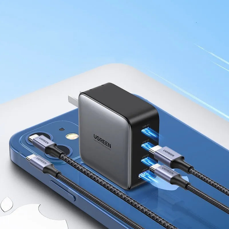 100W Gallium Nitride fast charger plug with USB-C cable on a white background