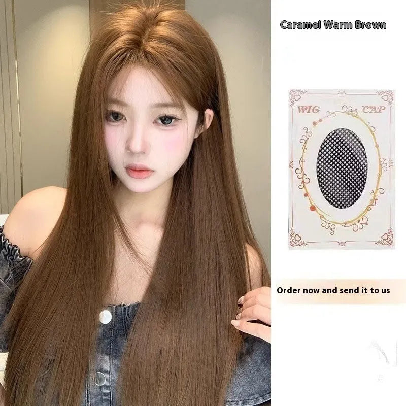 Warm brown lace front wig with centre part, side bangs and long straight synthetic hair