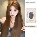 Warm brown lace front wig with centre part, side bangs and long straight synthetic hair