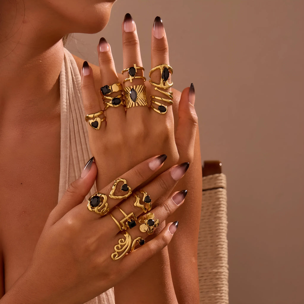 Geometric open-mouth stainless steel ring with titanium plating and inlaid zircon stones for women.