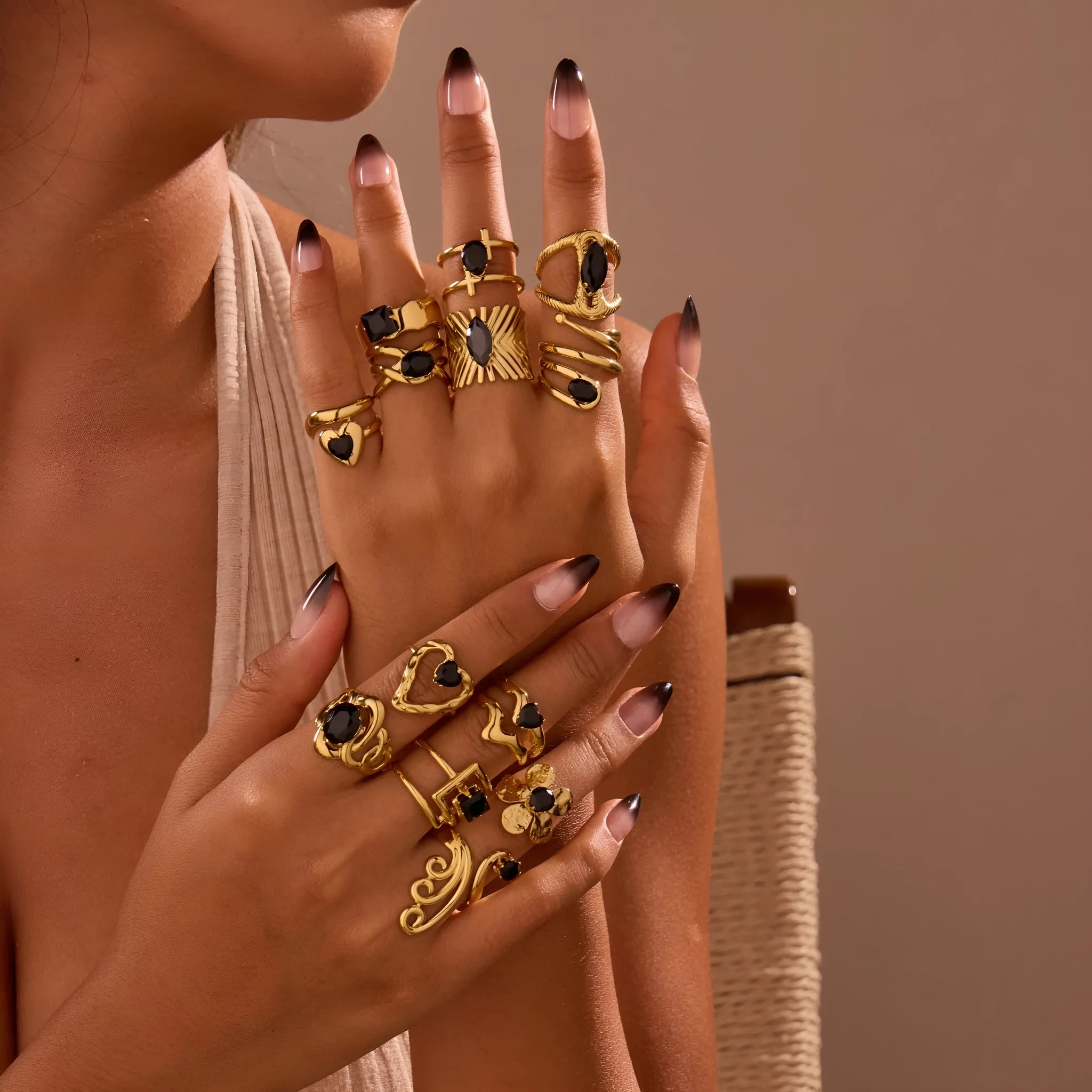 Geometric open-mouth stainless steel ring with titanium plating and inlaid zircon stones for women.