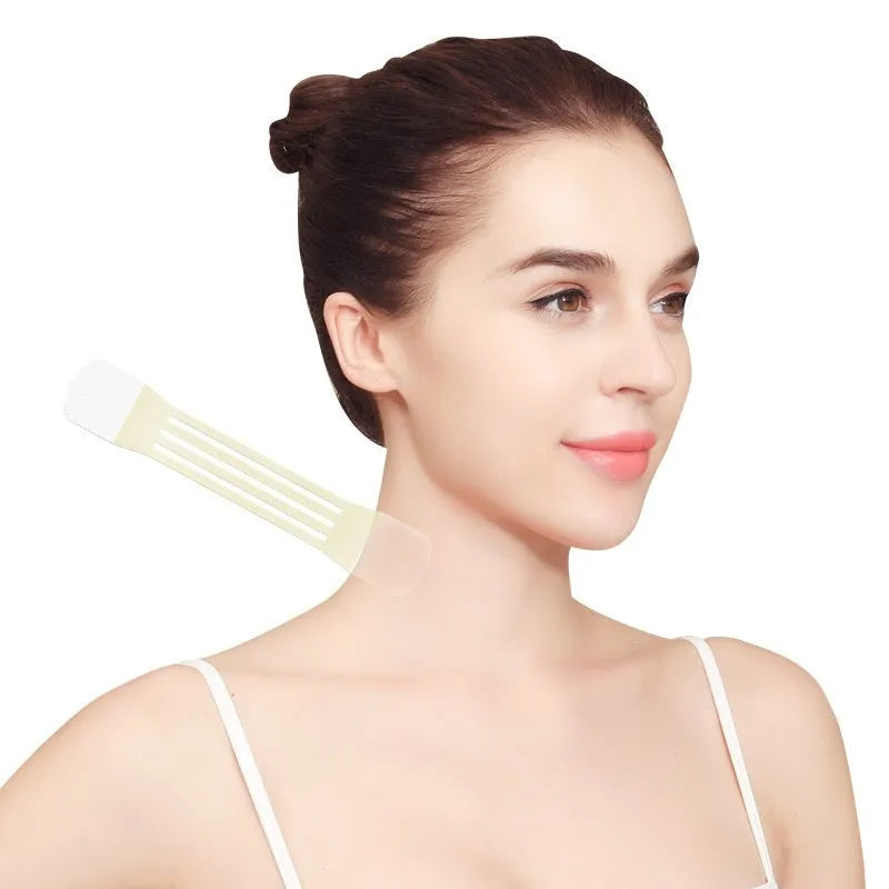 V27 neck firming lifting strap kit with four belts and twenty adhesive patches in skin tone colour