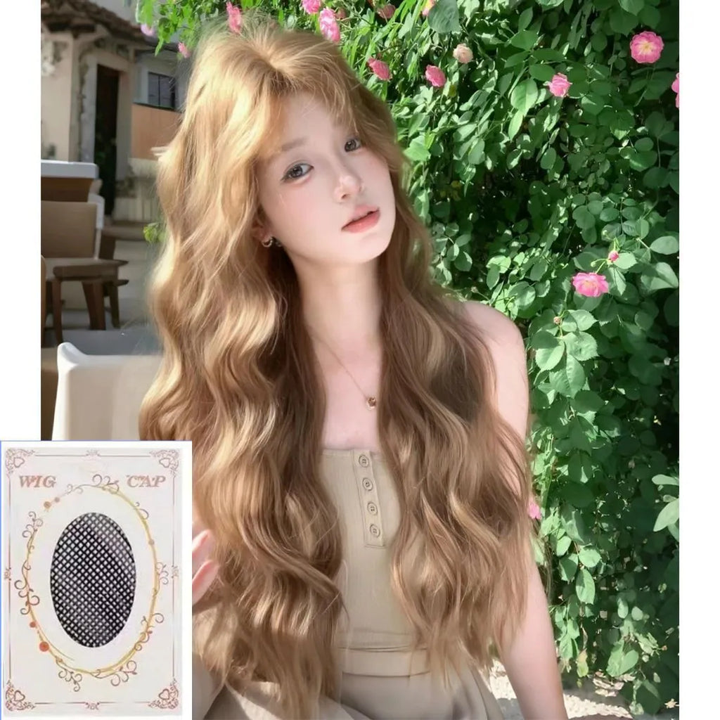 Medium size long curly wig in linen colour made from high temperature synthetic fibre.