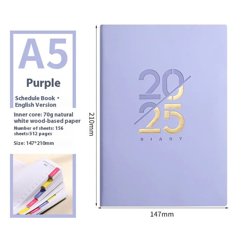 A5 daily planner with faux leather cover open to show 150 sheets of Dorian paper and lying-flat thread binding