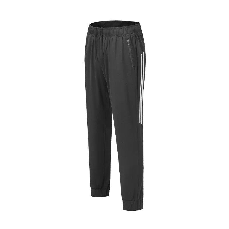 Men's black running trousers with mid-waist design and polyester construction for breathable sports performance