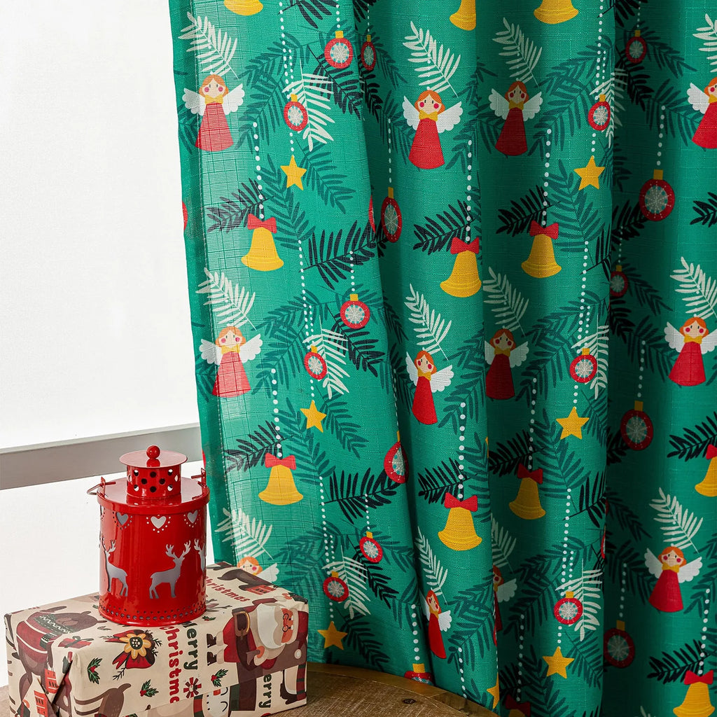 Christmas curtain with printed snowman and angel designs in green colour, 1 metre width