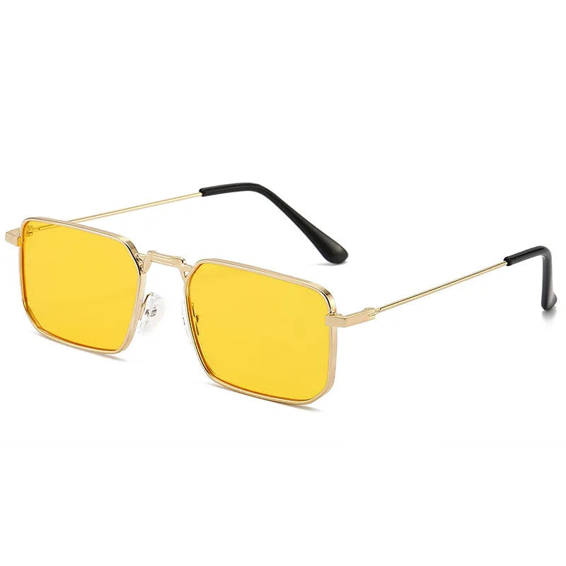 Men's square steampunk sunglasses showing gold frame with grey lenses and black frame option.